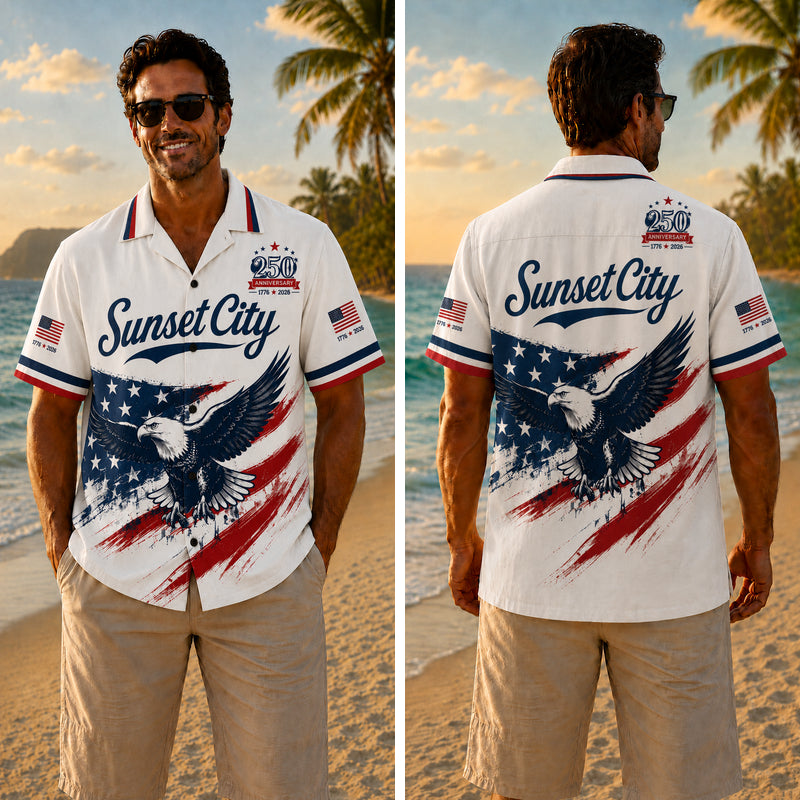 USA 250th Anniversary Wide Hawaiian Shirt - Sunset City Flag Eagle