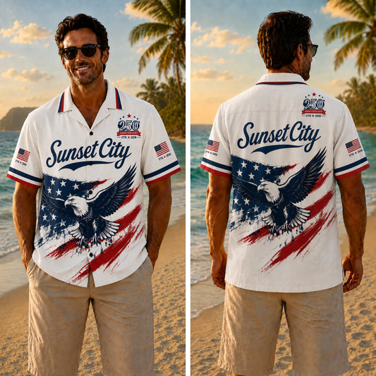 USA 250th Anniversary Wide Hawaiian Shirt - Sunset City Flag Eagle