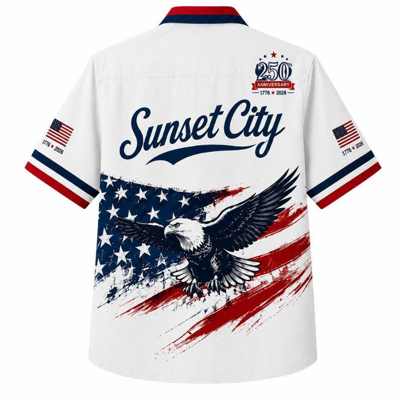 USA 250th Anniversary Wide Hawaiian Shirt- Sunset City Flag Eagle