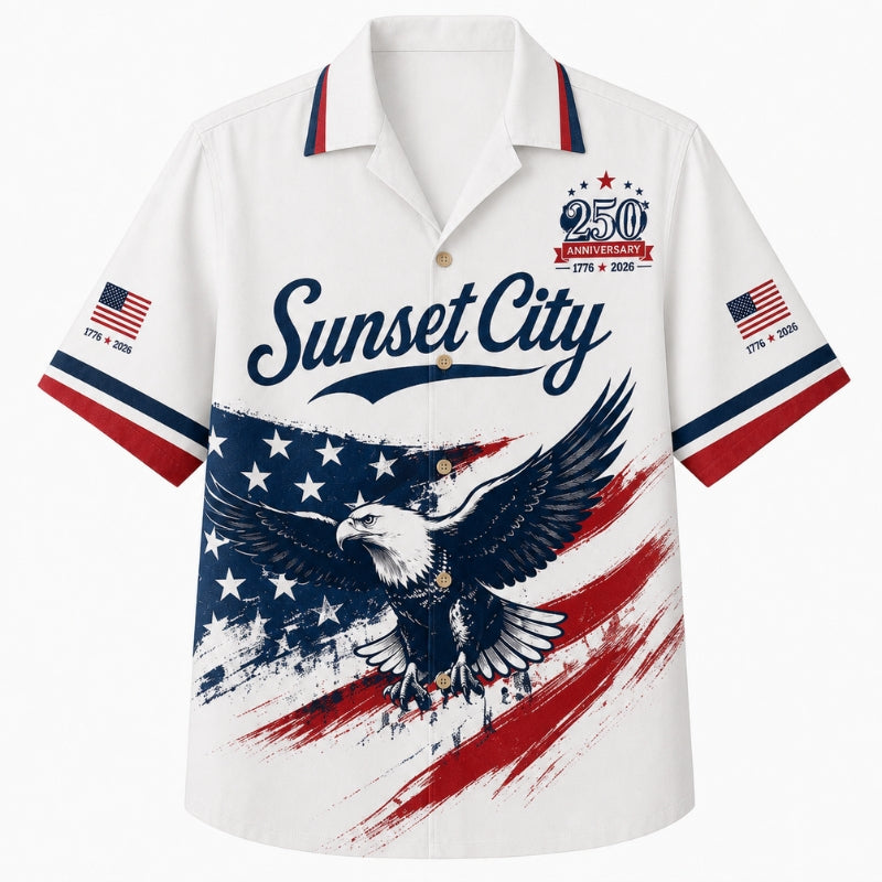 USA 250th Anniversary Wide Hawaiian Shirt - Sunset City Flag Eagle