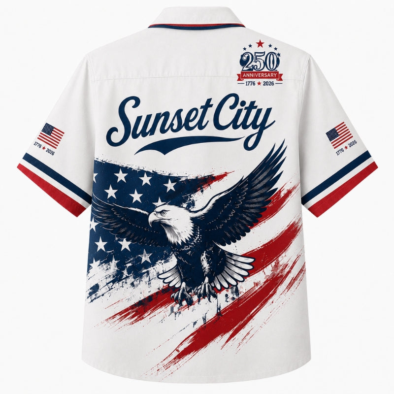 USA 250th Anniversary Wide Hawaiian Shirt - Sunset City Flag Eagle