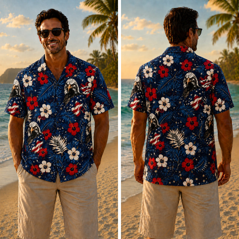 USA 250th Anniversary Wide Hawaiian Shirt - Tropical Floral Eagle