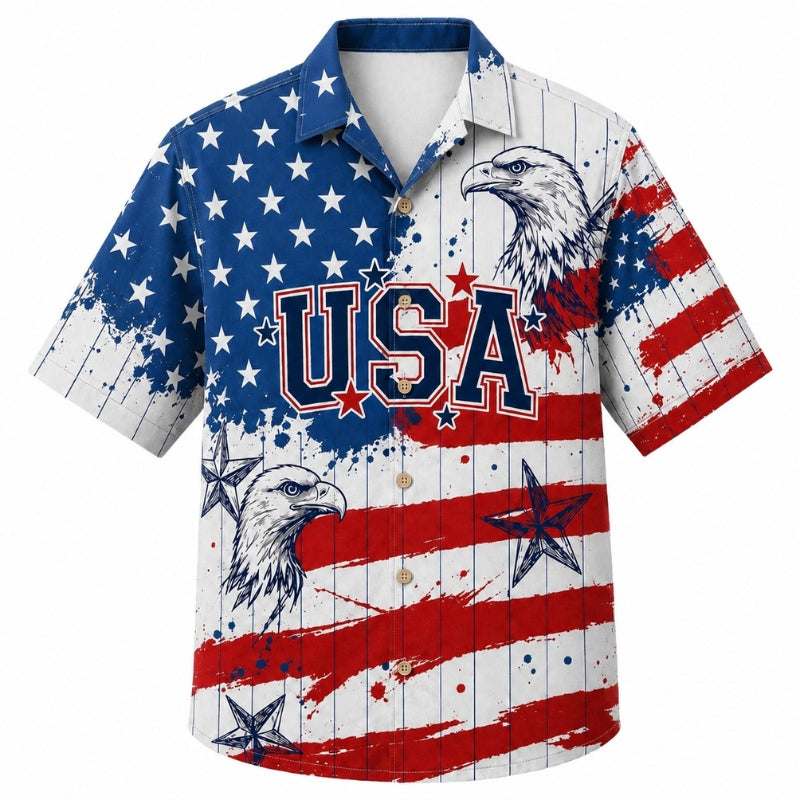 USA 250th Anniversary Wide Hawaiian Shirt- Twin Eagle Flag Stripes
