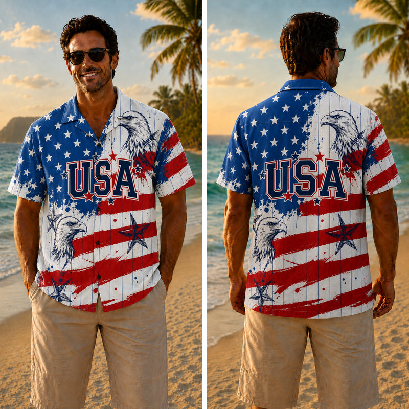 USA 250th Anniversary Wide Hawaiian Shirt - Twin Eagle Flag Stripes