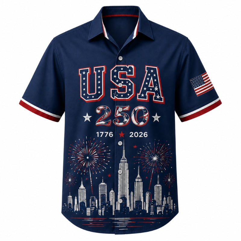 USA 250th Anniversary Wide Hawaiian Shirt - USA City Skyline Print