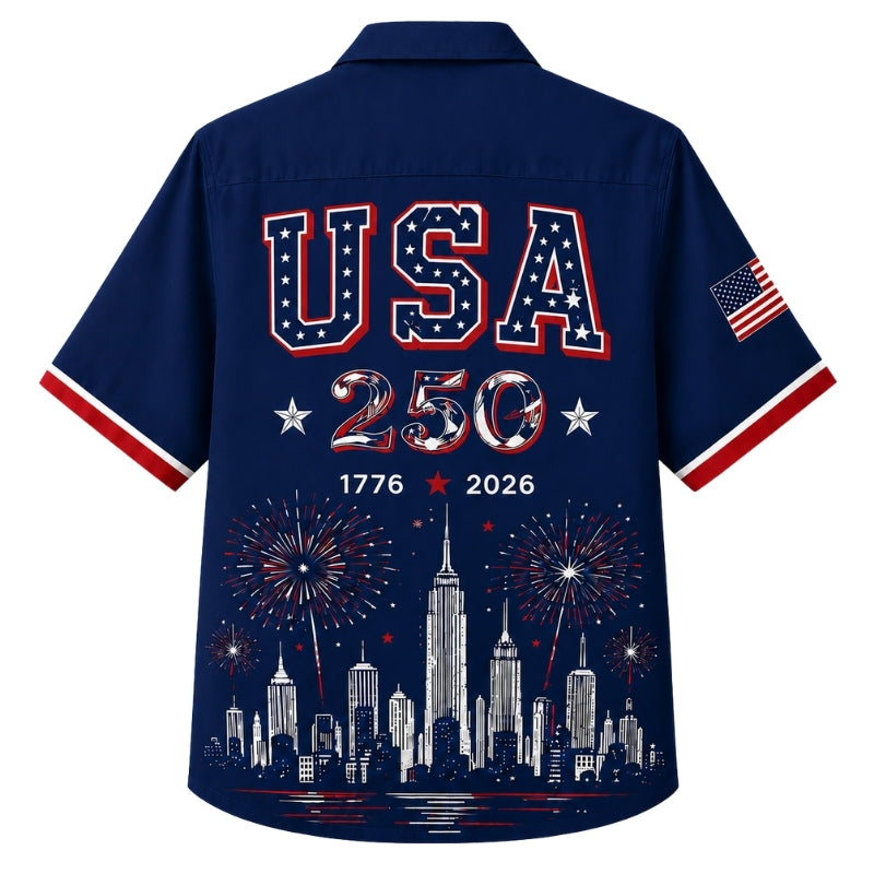USA 250th Anniversary Wide Hawaiian Shirt- USA City Skyline Print