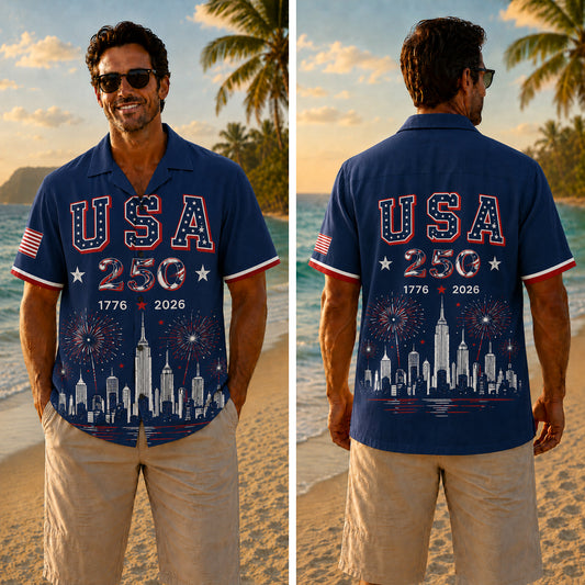 USA 250th Anniversary Wide Hawaiian Shirt - USA City Skyline Print