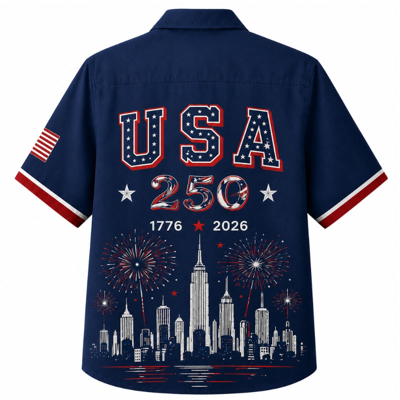 USA 250th Anniversary Wide Hawaiian Shirt - USA City Skyline Print