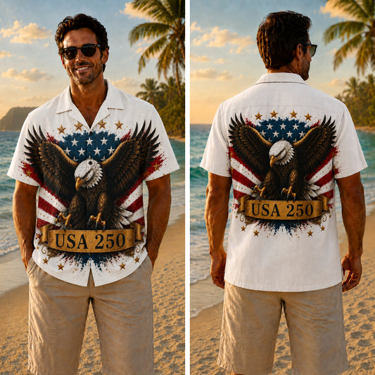 USA 250th Anniversary Wide Hawaiian Shirt - USA Eagle Crest Banner