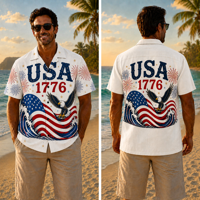 USA 250th Anniversary Wide Hawaiian Shirt - USA Eagle Ocean Waves