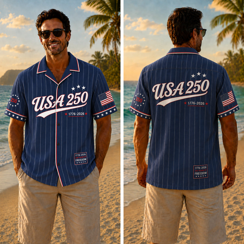 USA 250th Anniversary Wide Hawaiian Shirt - USA Pinstripe Flag