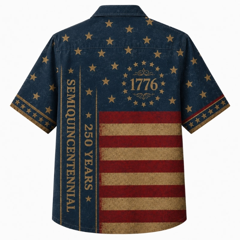 USA 250th Anniversary Wide Hawaiian Shirt- Vintage Worn Flag Print