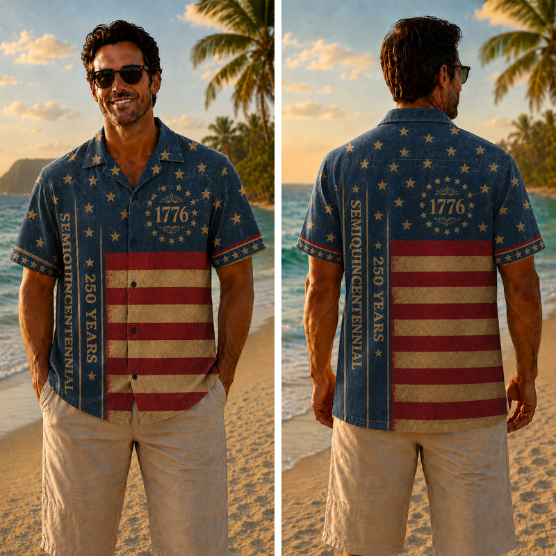 USA 250th Anniversary Wide Hawaiian Shirt - Vintage Worn Flag Print