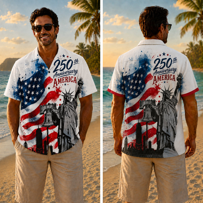 USA 250th Anniversary Wide Hawaiian Shirt - Watercolor Liberty Bell