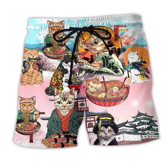 Cat Samurai With Ramen Art – Beach Short
