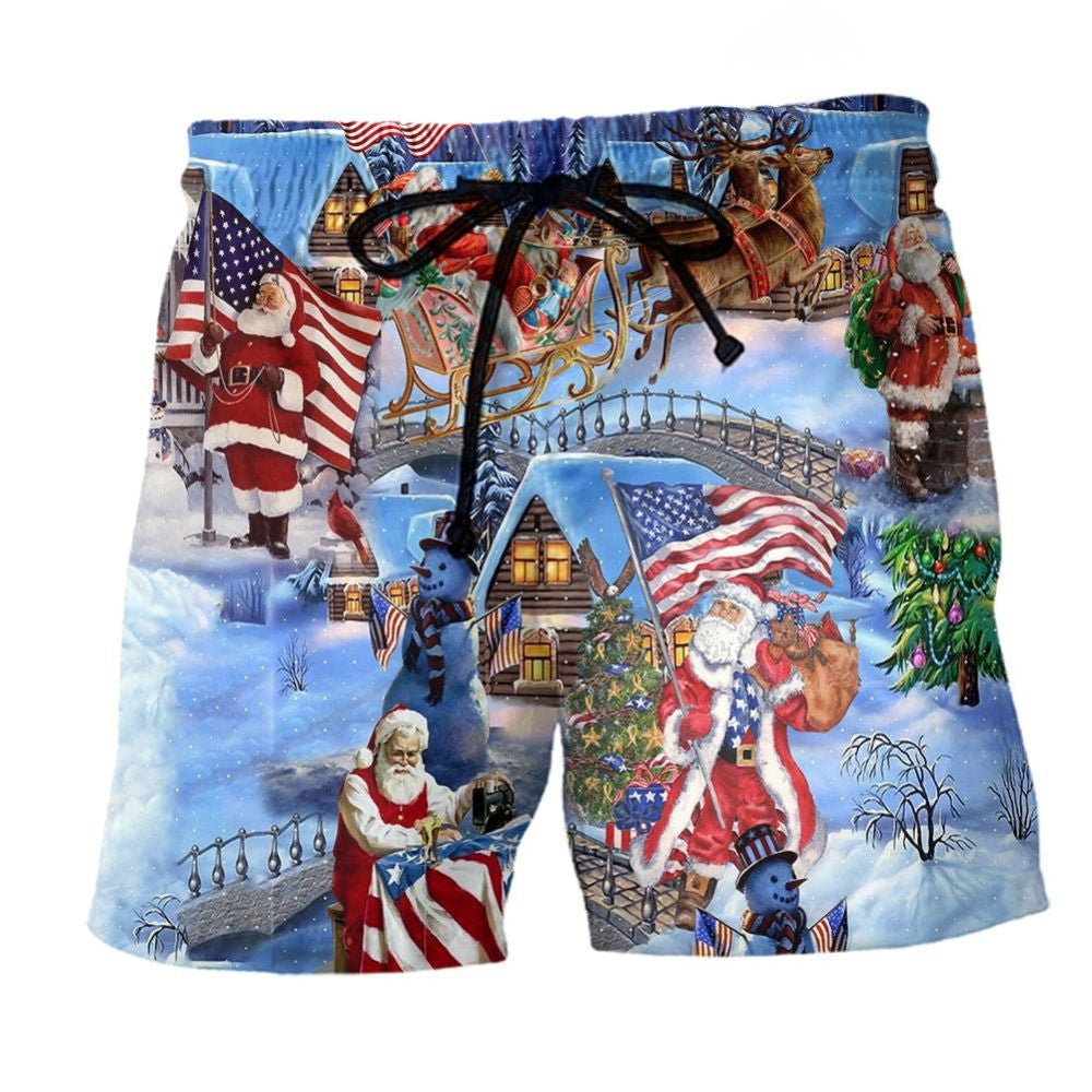 America Patriotic Christmas Santa - Beach Short
