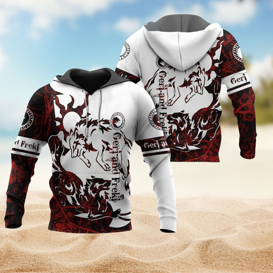 Viking Geri And Freki Legend Red And White Art – 3D Hoodie