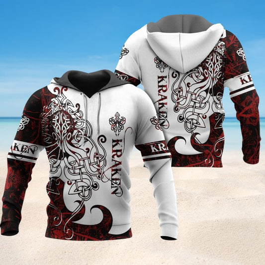 Viking Kraken Legend Red And White Art – 3D Hoodie
