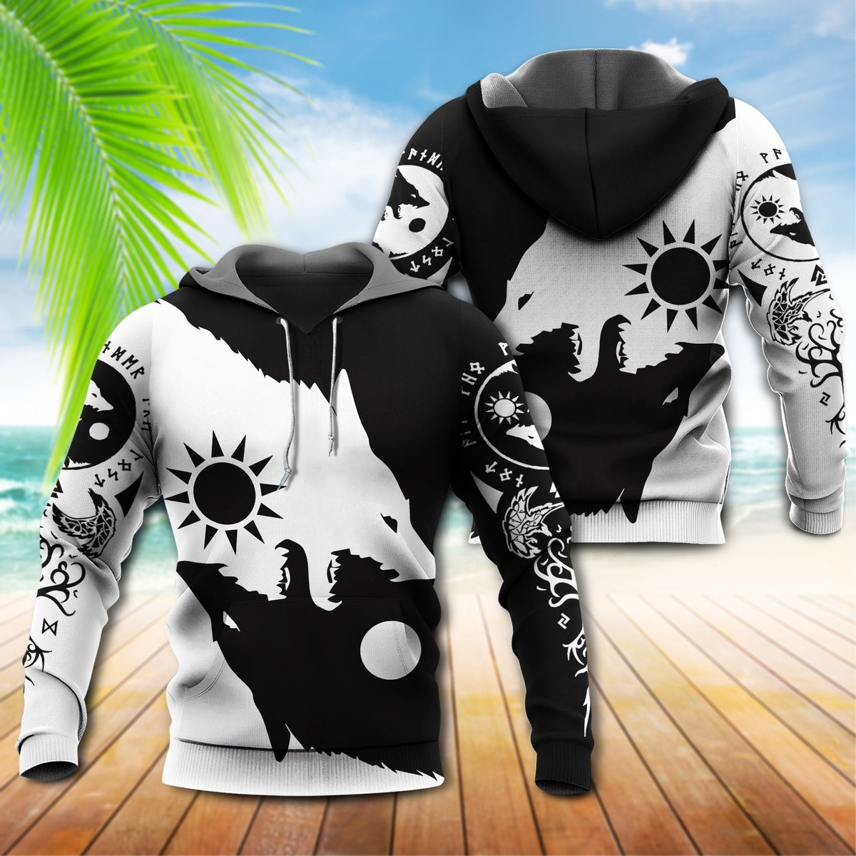 Viking Wolf Moon Black White - 3D Hoodie