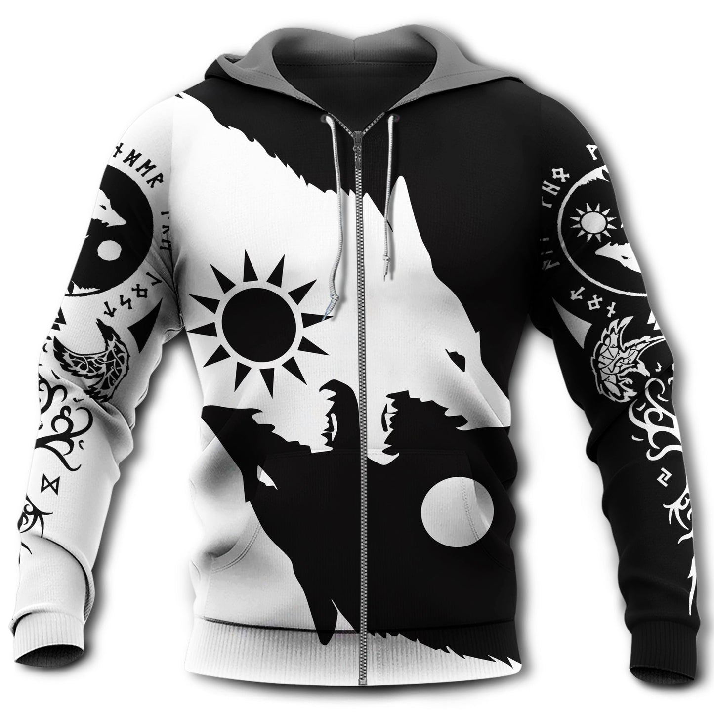 Viking Wolf Moon Black White - 3D Hoodie