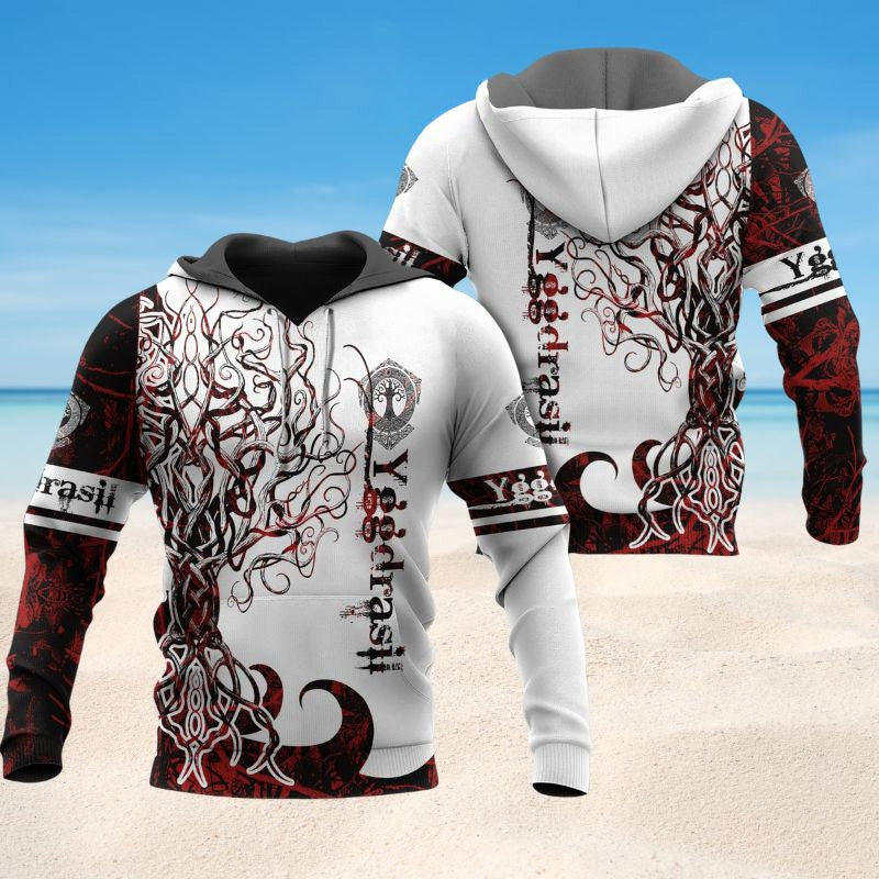 Viking World Tree Legend Red And White Art – 3D Hoodie
