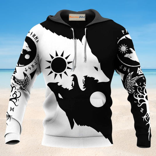 Viking Wolf Moon Black White - 3D Hoodie