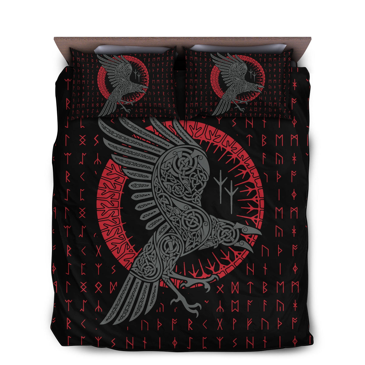 Viking Odin's Raven Old Runes Bedding Cover For Norse Bedroom Decor