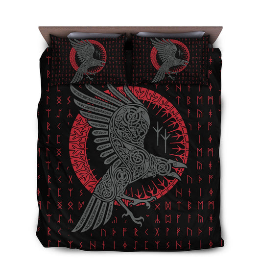Viking Odin's Raven Old Runes Bedding Cover For Norse Bedroom Decor