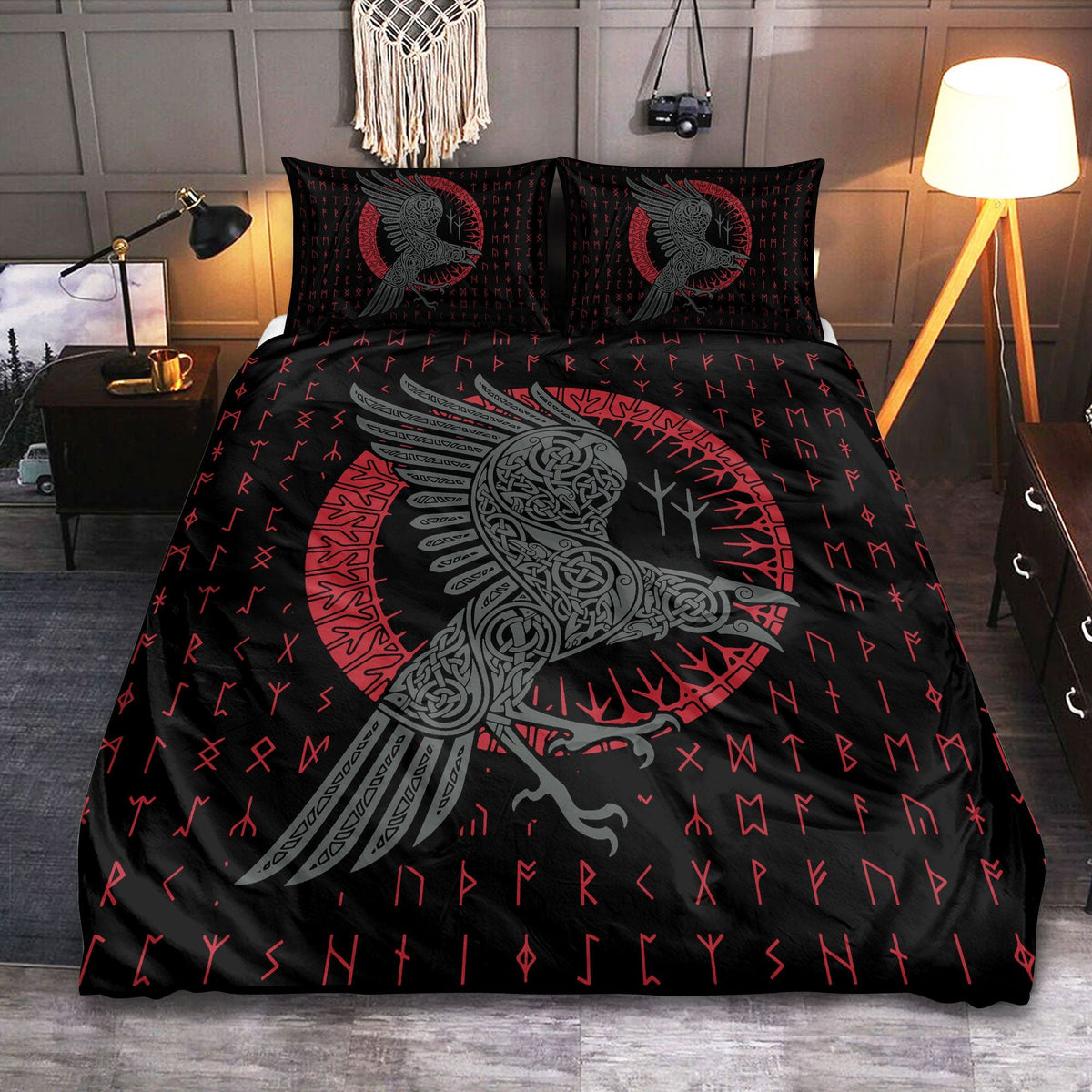 Viking Odin's Raven Old Runes Bedding Cover For Norse Bedroom Decor