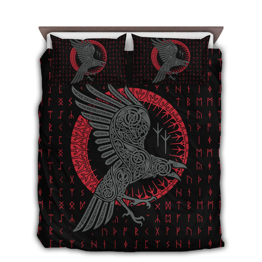 Viking Odin's Raven Old Runes Bedding Cover For Norse Bedroom Decor