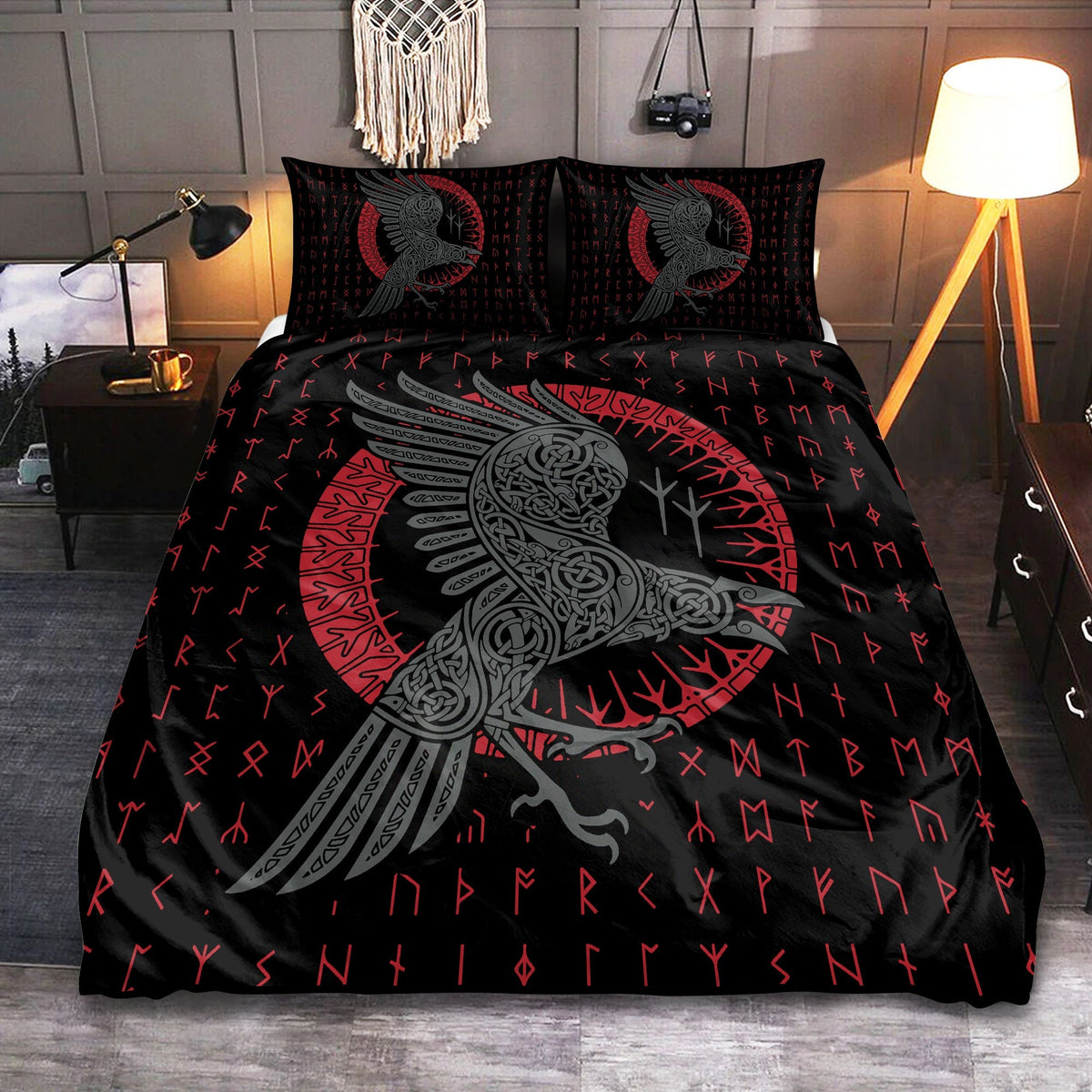 Viking Odin's Raven Old Runes Bedding Cover For Norse Bedroom Decor