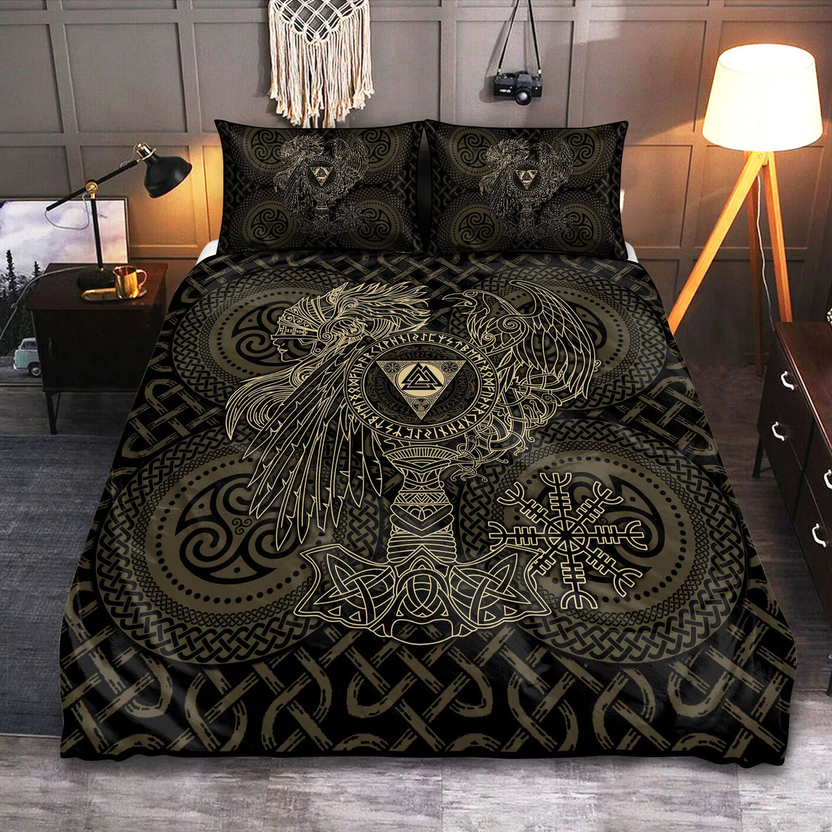 Viking Valknut With Helm Of Awe And Horn Triskelion Bedding Cover For Norse Bedroom Decor