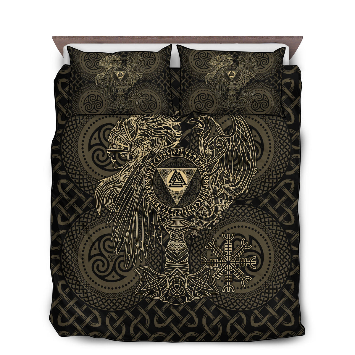 Viking Valknut With Helm Of Awe And Horn Triskelion Bedding Cover For Norse Bedroom Decor