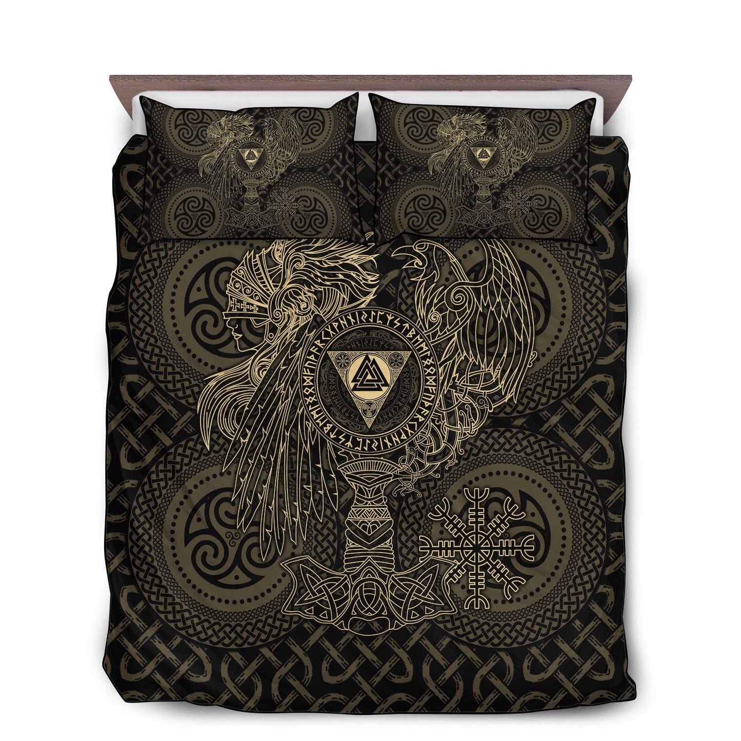 Viking Valknut With Helm Of Awe And Horn Triskelion Bedding Cover For Norse Bedroom Decor