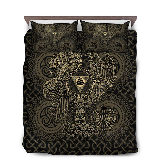 Viking Valknut With Helm Of Awe And Horn Triskelion Bedding Cover For Norse Bedroom Decor