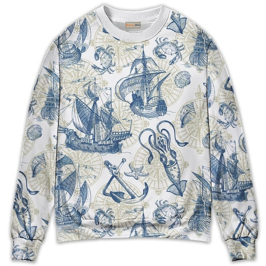 Vintage Sailboat Sea Monster Map Art – Sweater - Ugly Christmas Sweater