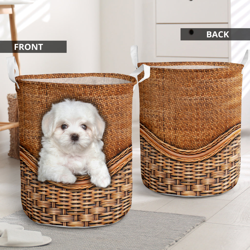 S: 17.72”x13.78” (45x35 cm) White maltipoo dog rattan teaxture - Laundry basket - LAUB01NGA290822 - Owls Matrix LTD