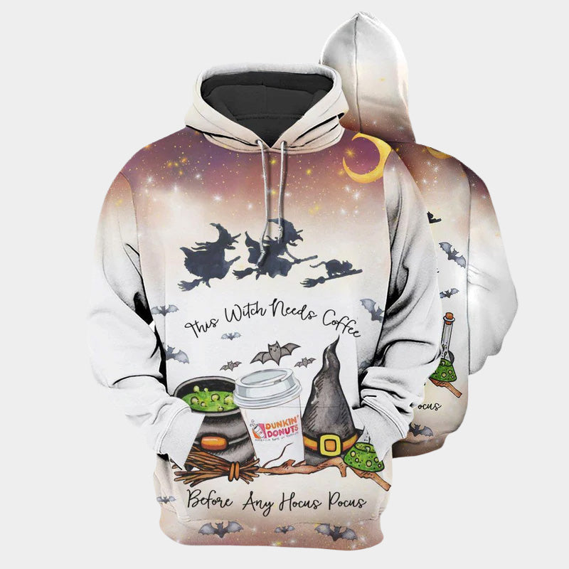 Witch Needs Coffee Funny Art – 3D Hoodie