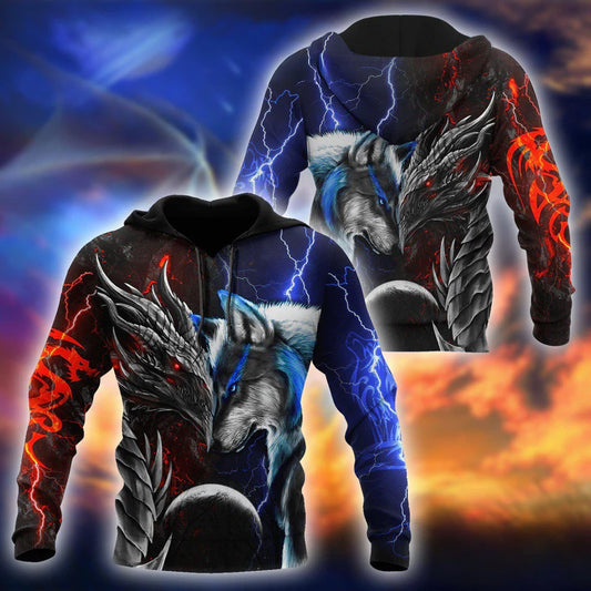 Wolf Dragon Red And Blue Art - 3D Hoodie