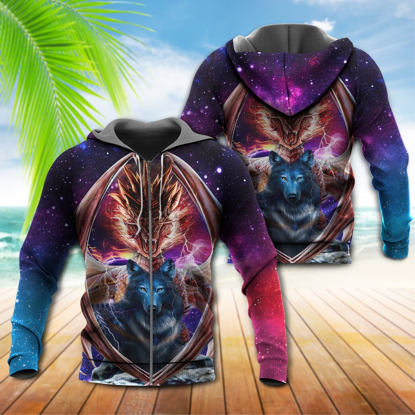Wolf Dragon Red Blue Fantasy - 3D Hoodie