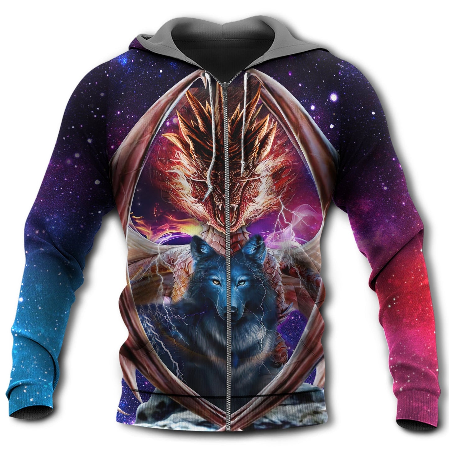 Wolf Dragon Red Blue Fantasy - 3D Hoodie