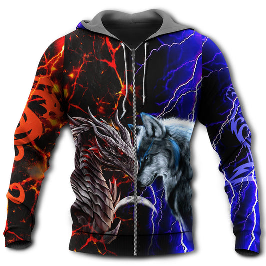 Wolf Dragon Red Blue Fantasy - 3D Hoodie