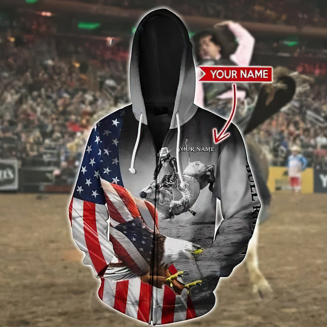 Bull Riding Eagle Usa Flag Custom Art – 3D Hoodie