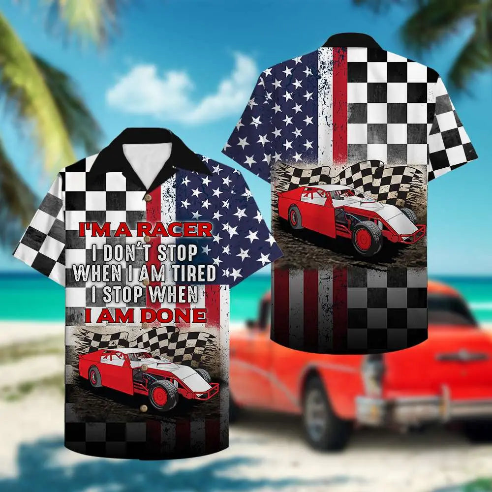 American Checkered Pattern Dirt Track Racing Unisex Hawaiian Shirt Aloha Shirt
