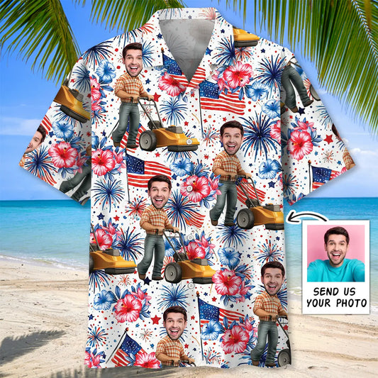 Hawaiian Shirt / Adults / S American Man Moving Lawn Mower Custom Photo Face Hawaiian Shirt