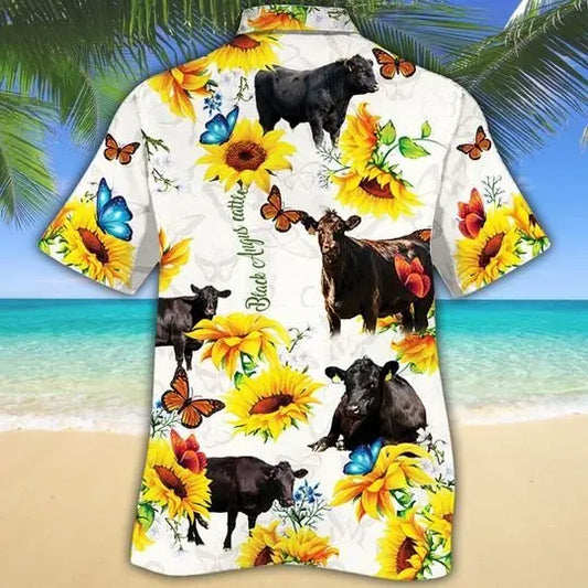 Hawaiian Shirt / Adults / S Angus Cattle Butterfly Sunflower Hawaiian Shirt