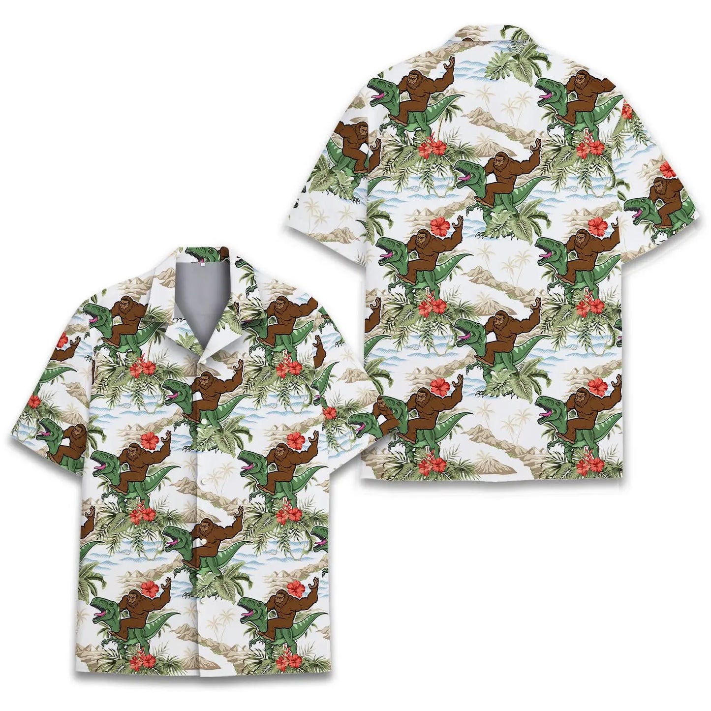 Bigfoot Riding Dinosaur Unisex Hawaiian Shirt Aloha Shirt