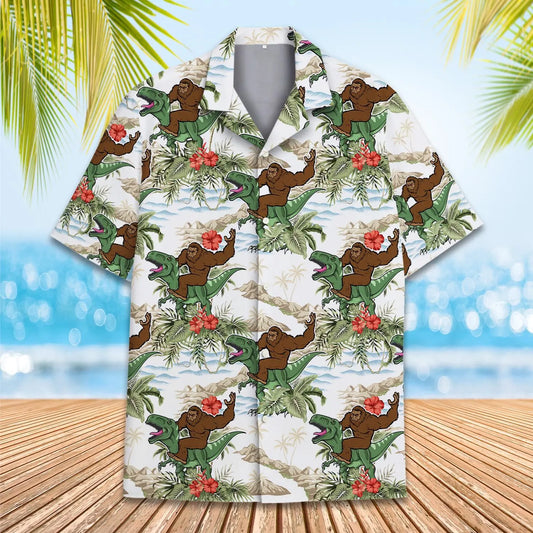 Hawaiian Shirt / Adults / S Bigfoot Riding Dinosaur Unisex Hawaiian Shirt Aloha Shirt