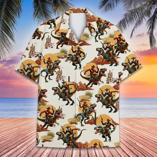 Hawaiian Shirt / Adults / S Bigfoot Riding Dinosaur Bigfoot Cowboy Unisex Hawaiian Shirt Aloha Shirt