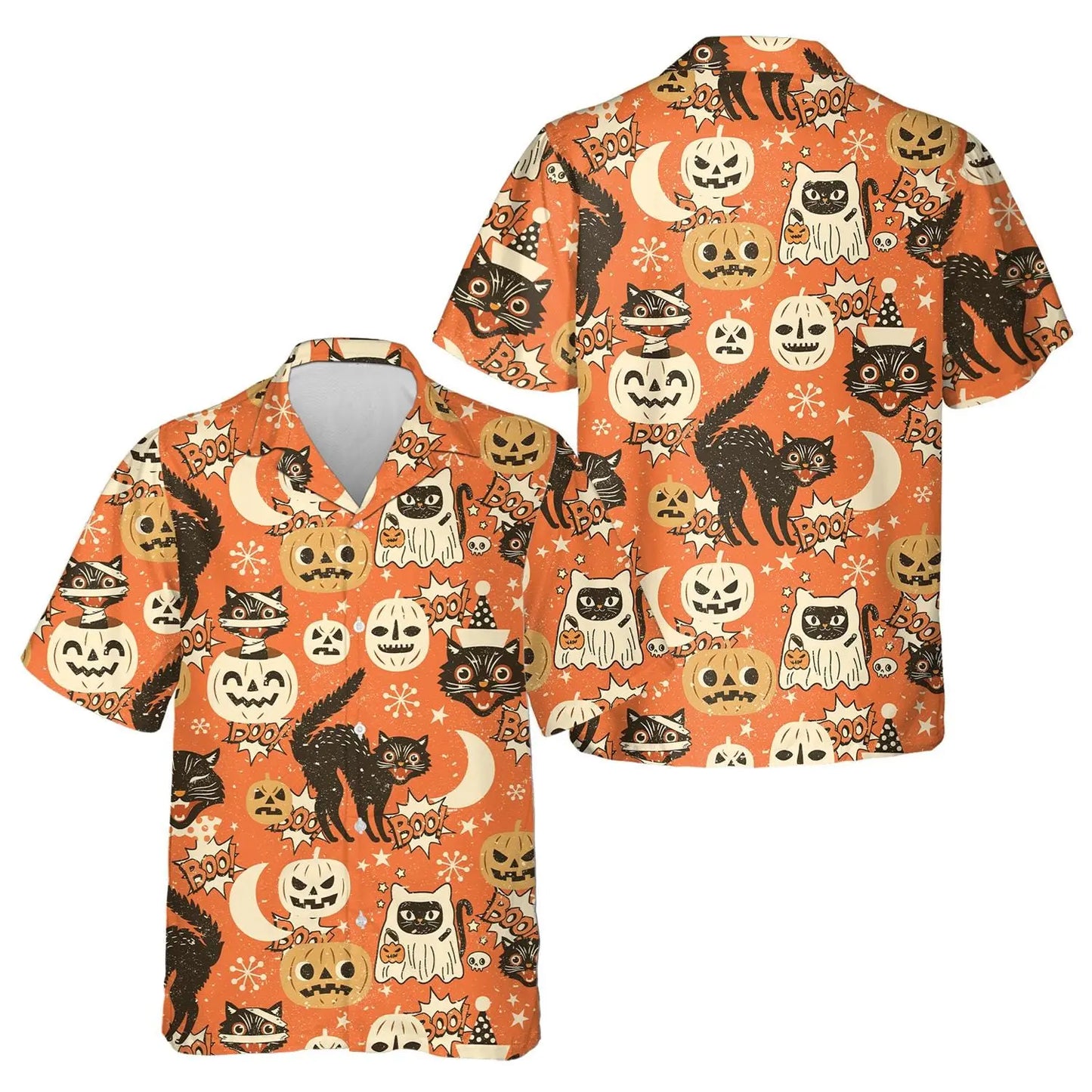 Halloween Pumpkin Cat Unisex Hawaiian Shirt Aloha Shirt
